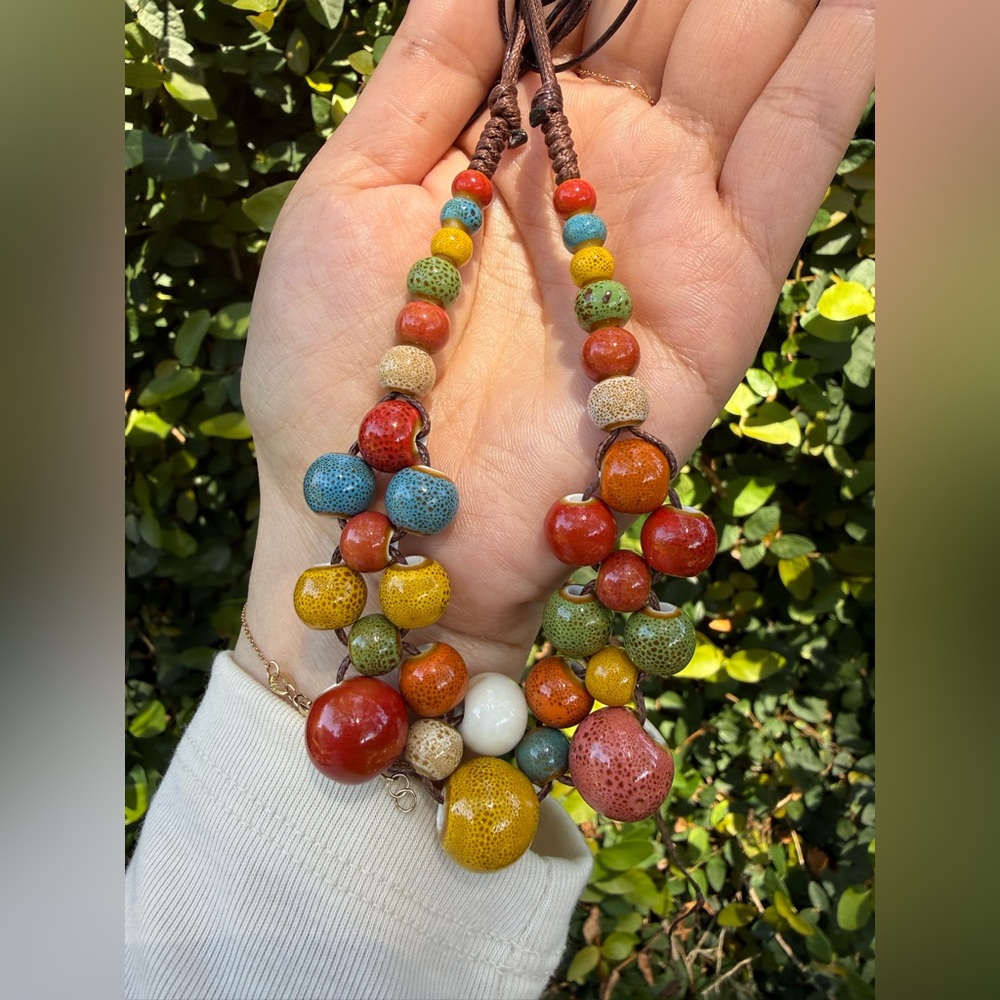 Multicolor Ceramic Bead Necklace - Women's Fashion Jewelry - Picture 5 of 6